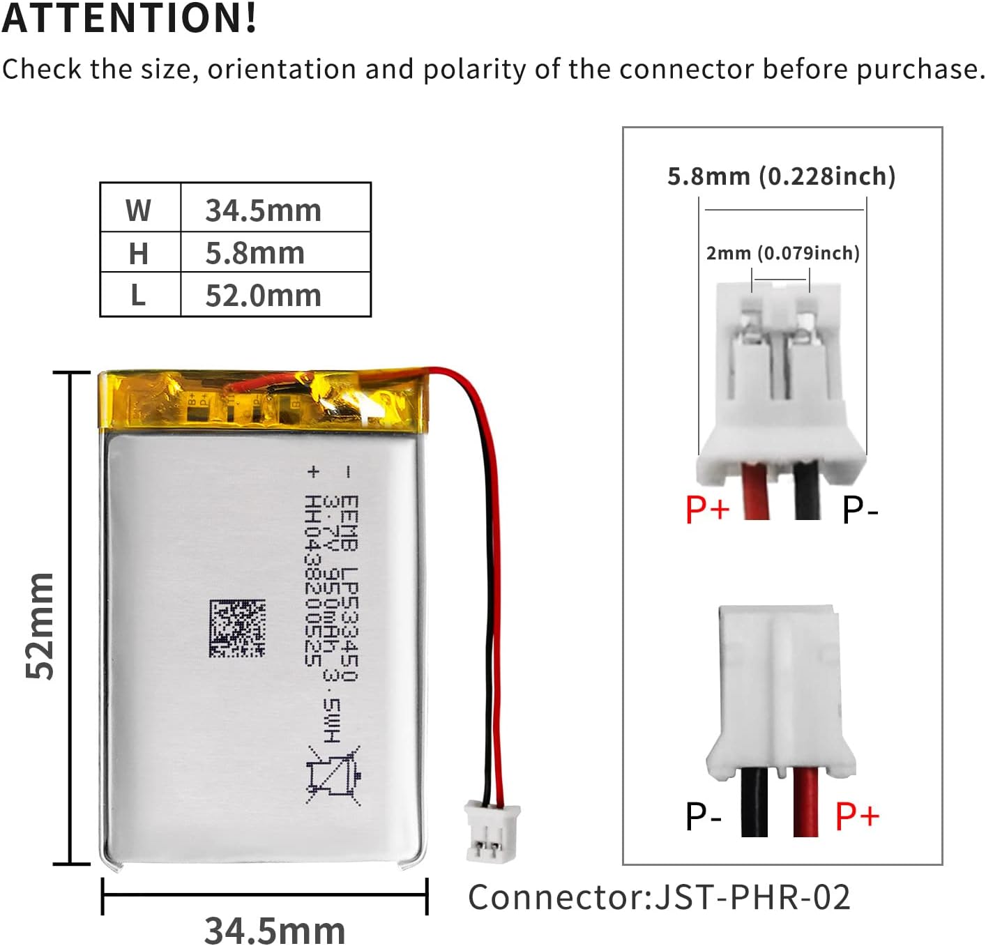 EEMB 3.7V Lipo Batería 950mAh 533450 Batería de iones de polímero de litio Batería recargable de polímero de iones de litio con conector JST