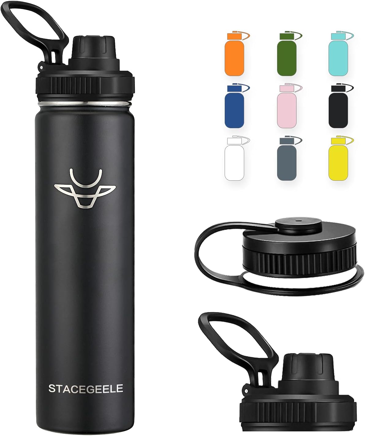 STACEGEELE Botella de agua aislada al vacío con tapa de boquilla y rosca en la parte superior, termo de acero inoxidable para niños, a prueba de