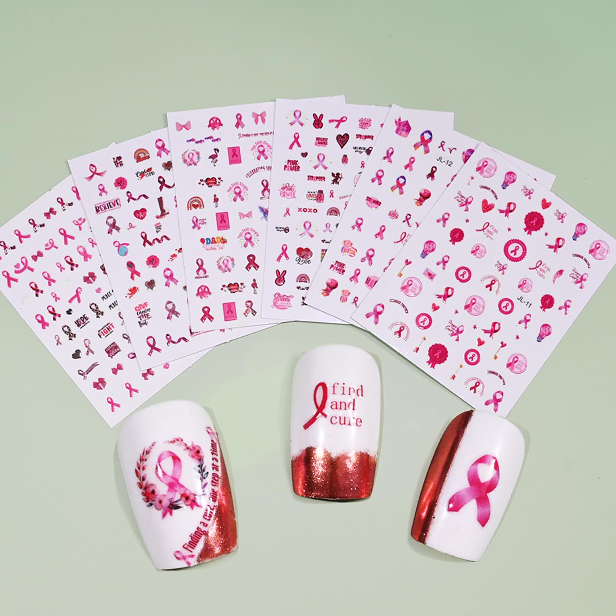 6 hojas de calcomanías para uñas de cáncer de mama, cinta rosa, 3D, autoadhesivas, concientización sobre el cáncer de mama, cinta rosa, calcomanías