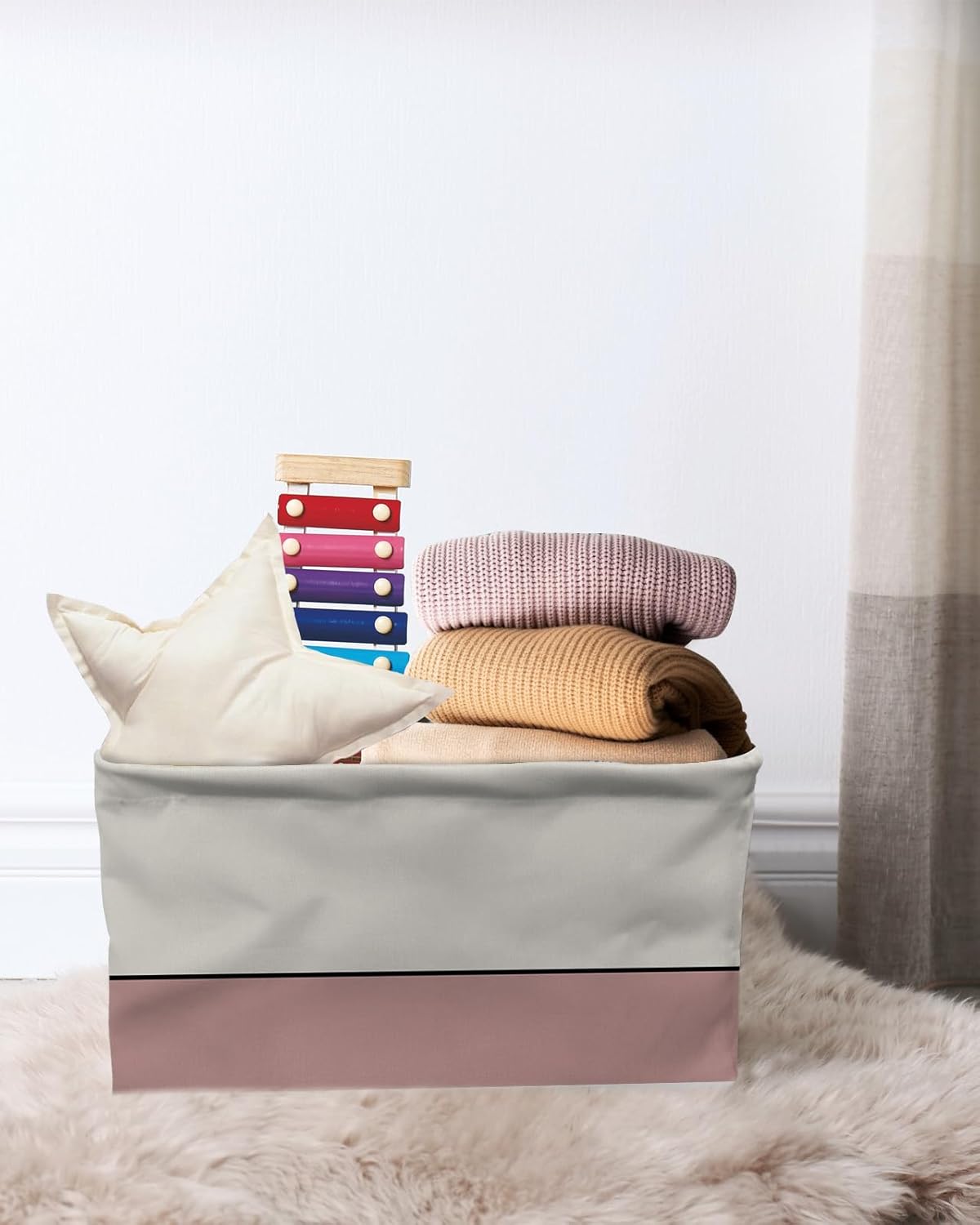 Cesta de almacenamiento geométrica rosa para organizar estantes, cajas de almacenamiento plegables con asa, bloque de color beige moderno, líneas