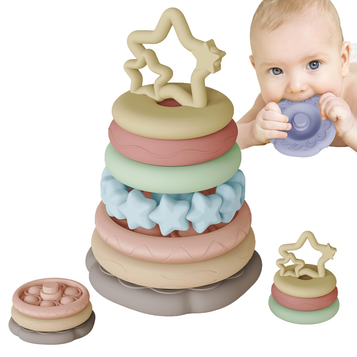 Juguetes sensoriales para la dentición del bebé, anillos apilables para niños de 1, 2 y un año, juego de 7 piezas de mordedor para bebés, regalos de