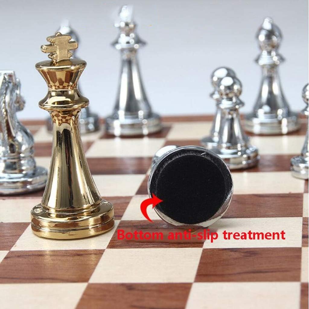 ROLTIN Juego de ajedrez de regalo de metal brillante dorado y plateado Piezas de ajedrez de madera maciza Plegable Tablero de ajedrez profesional de