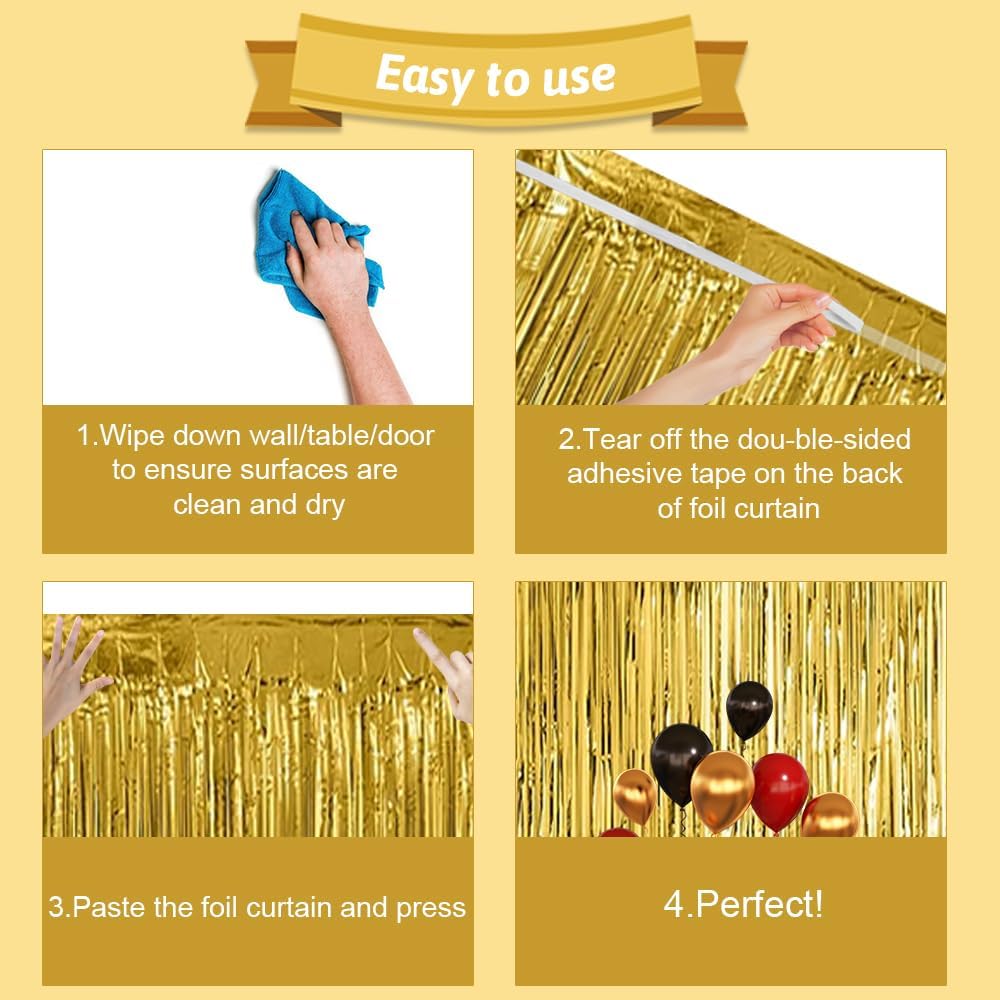 Paquete de 3 cortinas de flecos de papel de aluminio dorado de 3.3 x 6.6 pies, cortinas de fondo para decoraciones de fiesta doradas, bodas,