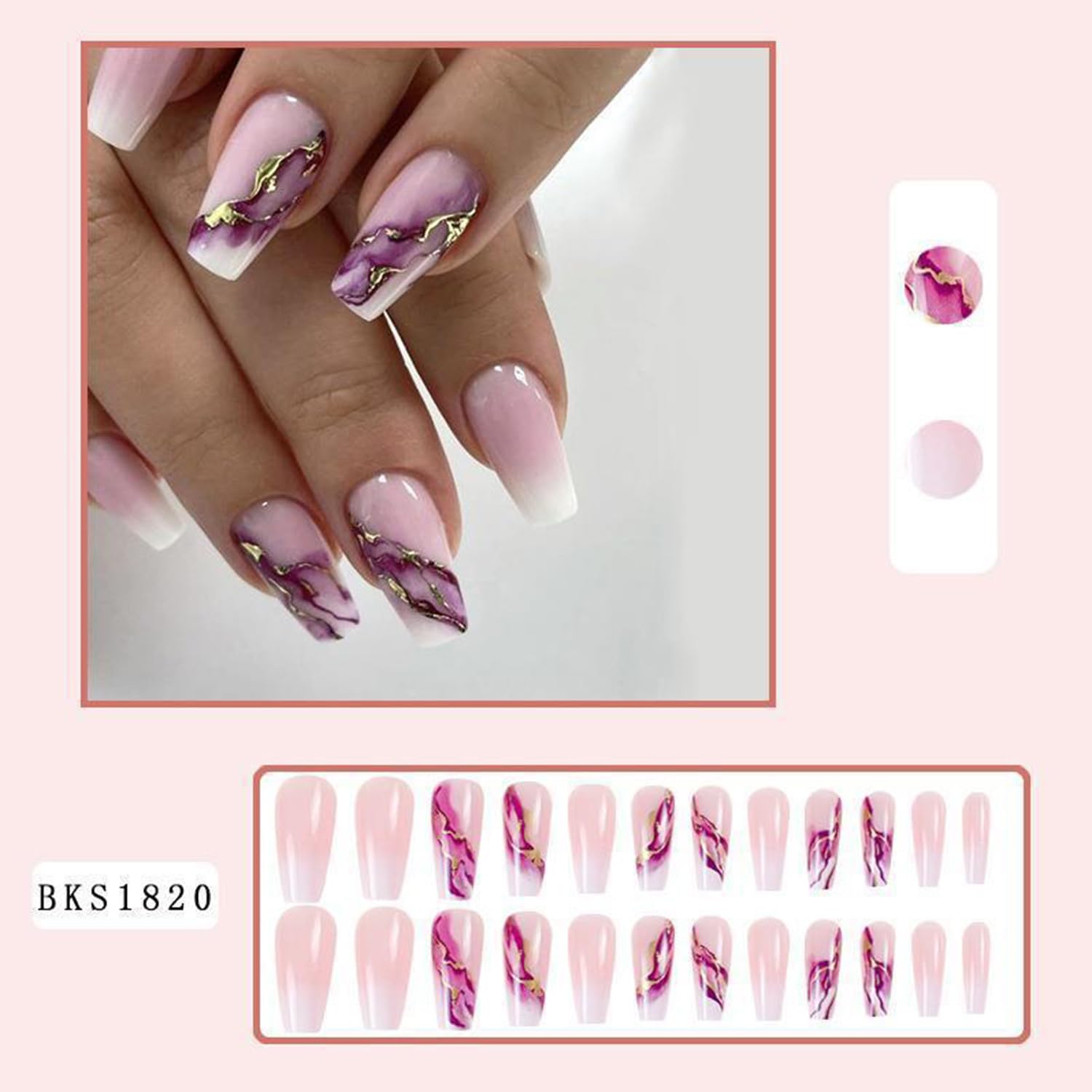 Uñas postizas a presión de mármol morado con lámina dorada, uñas postizas largas con degradado rosa, uñas postizas reutilizables con pegamento en