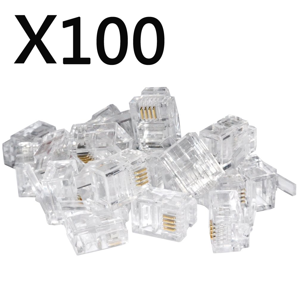 SMITON Paquete de 100 conectores RJ11, conectores modulares de teléfono, conectores macho 6P4C