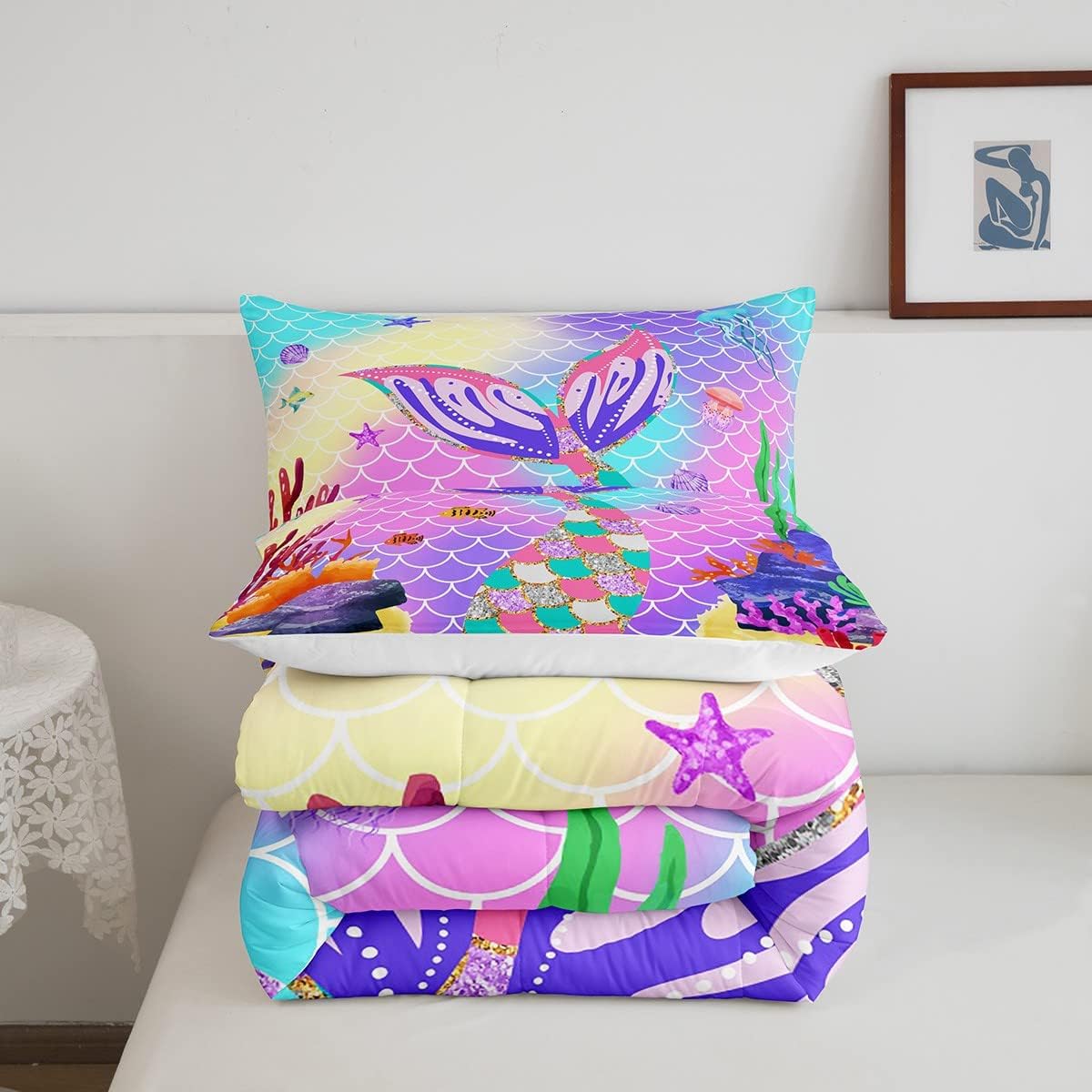Juego de ropa de cama de sirena para niñas, tamaño matrimonial, juego de edredón de sirena náutica, animales marinos, cola de sirena, medusa