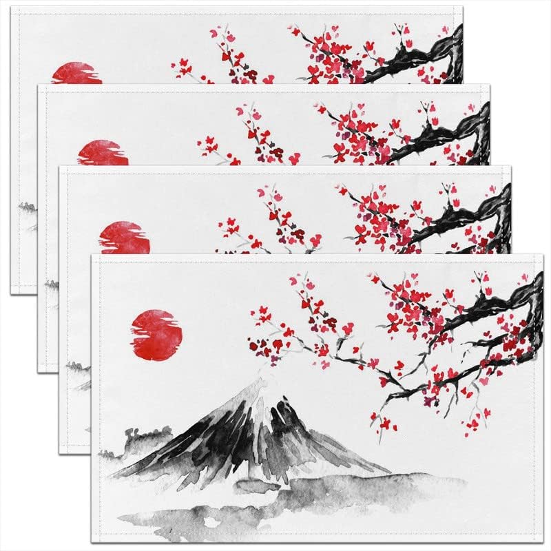 Juego de 4 manteles individuales de 12 x 18 pulgadas, diseño de flores de cerezo, estilo japonés, diseño de montaña de flores de Sakura, decoración