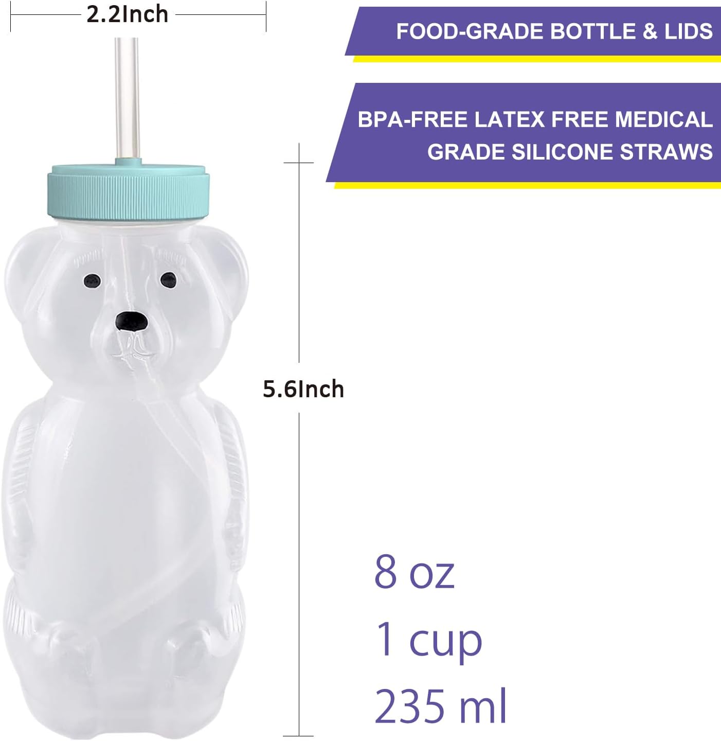 Honey Bear – Vasos con popote para bebés, paquete de 1 unidad, taza de oso de paja de 8 onzas con diseño de tapa de seguridad mejorado, popote para