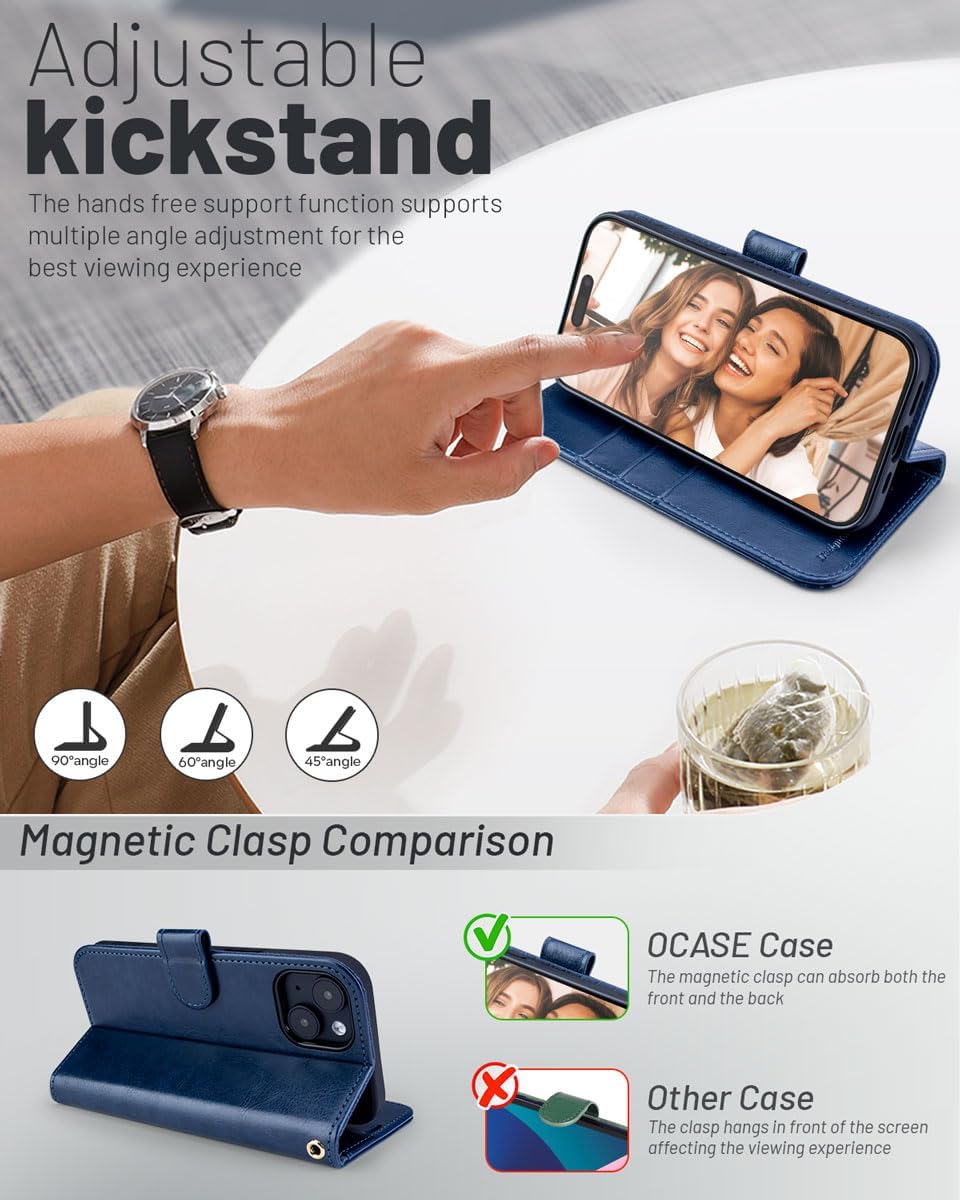 OCASE Funda de piel sintética compatible con iPhone 15, con tarjetero y función atril con bloqueo RFID carcasa interior de TPU a prueba de golpes