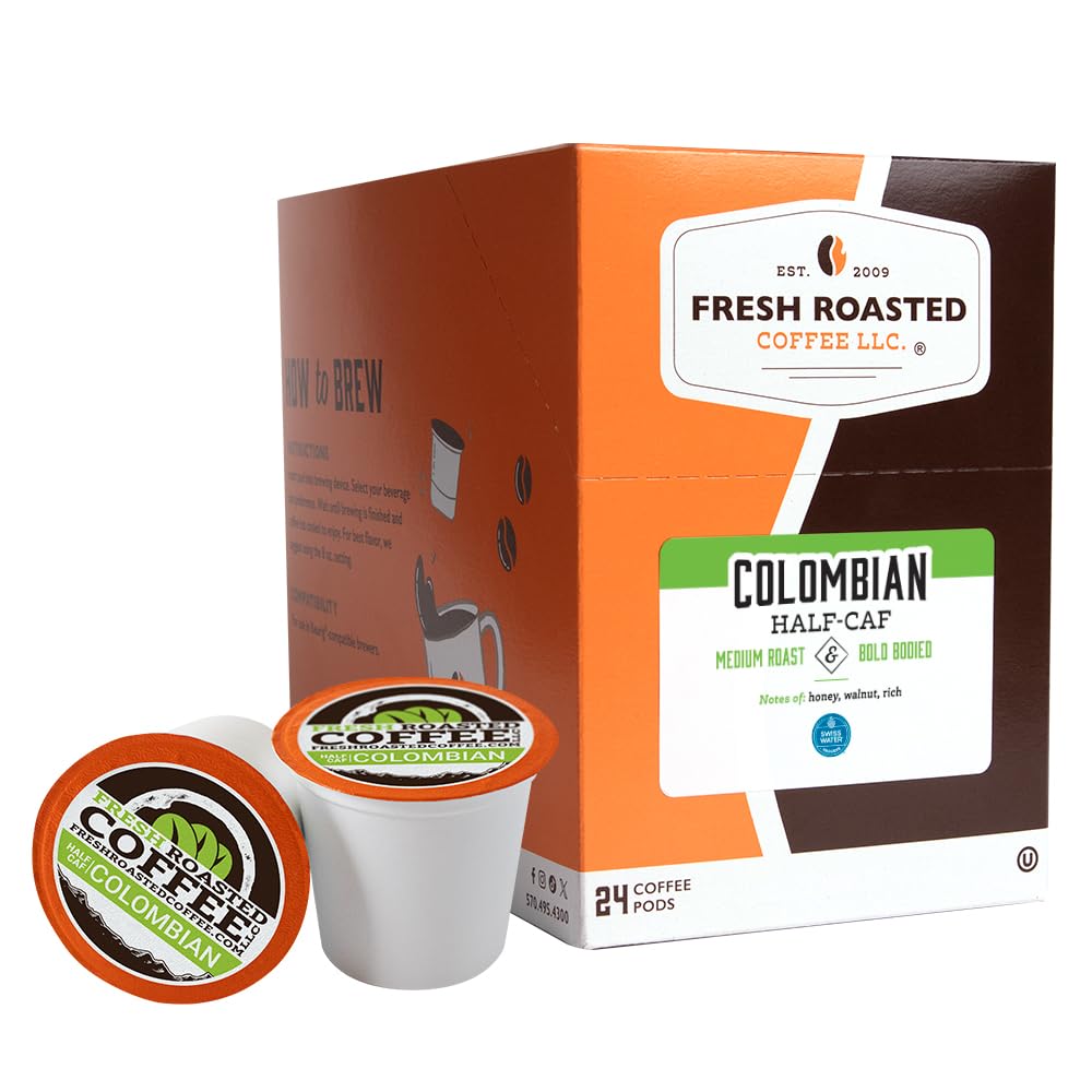 Fresh Roasted Coffee, Swiss Water Half-Caf Colombian, Kosher, Compatible con K-Cup, 24 cápsulas