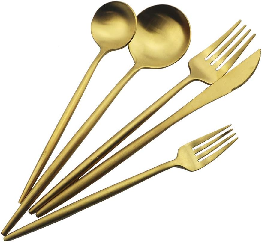 JASHII Juego de cubiertos de acero inoxidable dorado mate, juego de cubiertos de oro, servicio para 4, juego de vajilla para el hogar y restaurante.