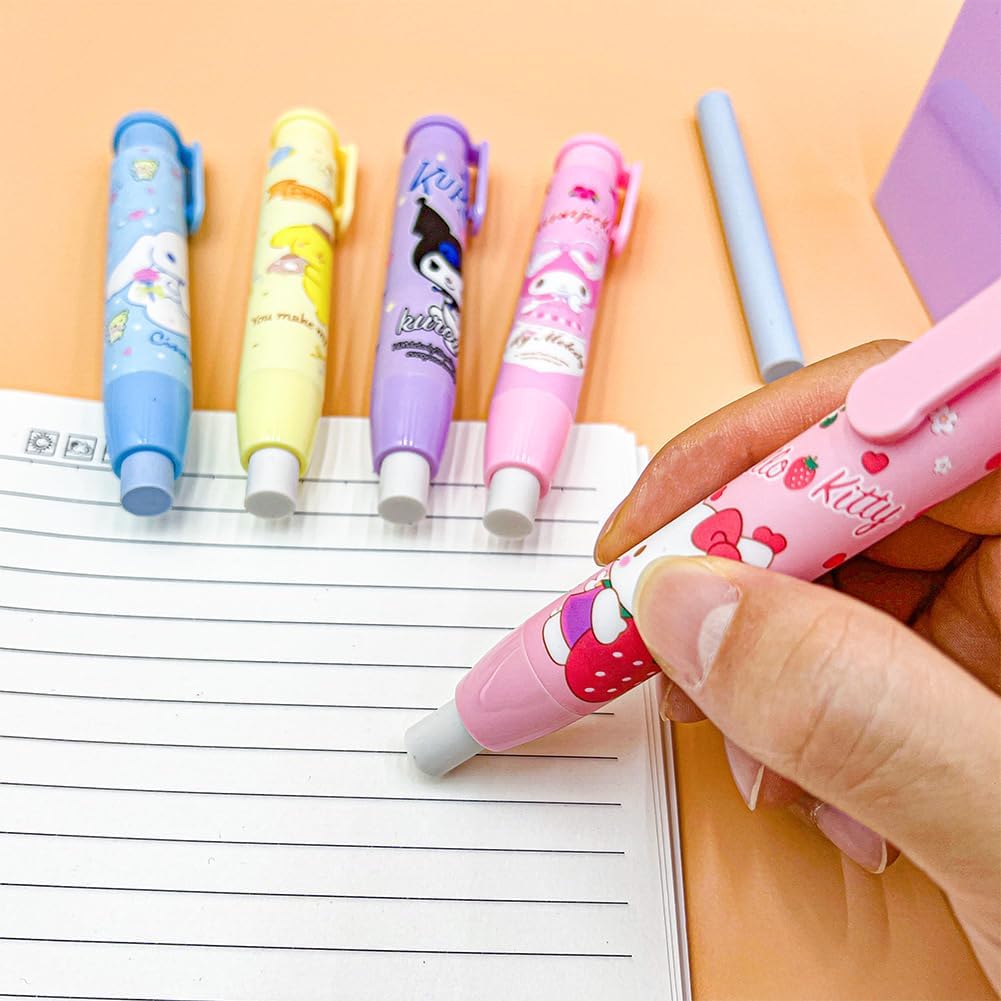 5 borradores a presión de dibujos animados, retráctiles de goma Kawaii para niños, para escribir dibujos, divertidos borradores de estudiantes,