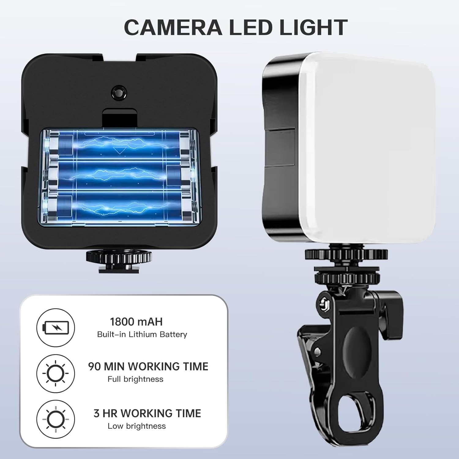 BEIYANG Luz de video LED para fotografía, luz de video en cámara, luces LED de cámara de 1800 mAh, clip portátil para teléfono, computadora