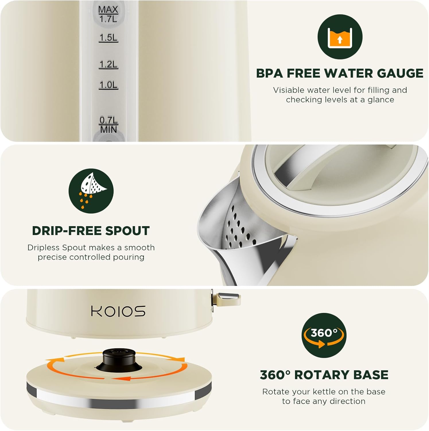 KOIOS – Hervidor de té eléctrico con termómetro, caldera de agua rápida de acero inoxidable sin BPA de 1.7L 1500 W con indicador LED, olla de té