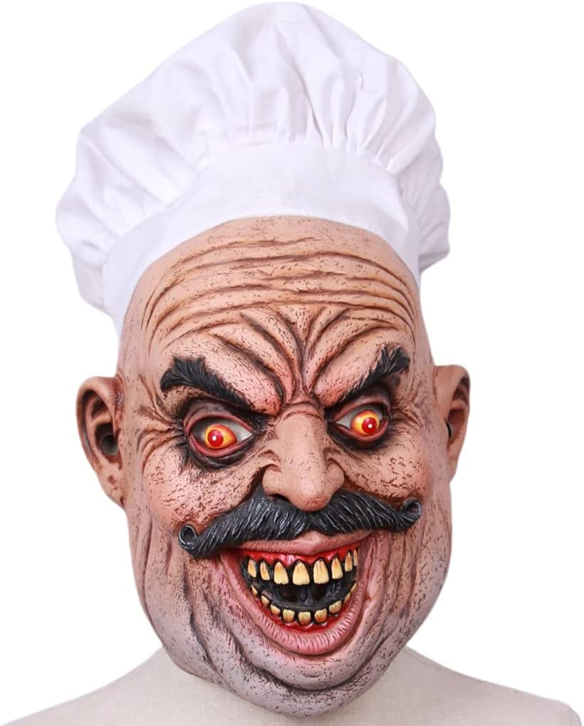 Yeahii Máscara realista de látex barbudo para chef, carnicero, Halloween, casa encantada, fantasma, mascarada, cosplay, accesorios aterradores
