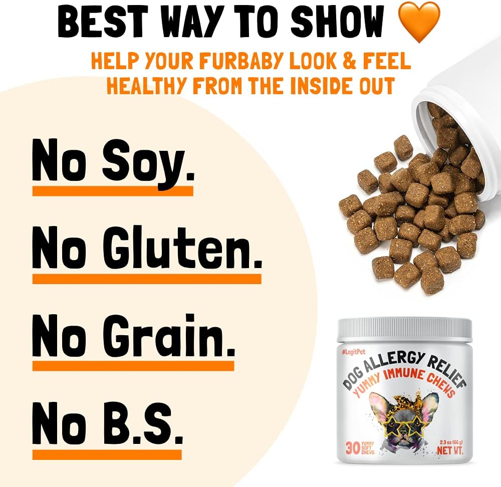 Masticables para aliviar la alergia para perros y suplemento inmunológico y digestivo con aceite de salmón silvestre, calostro, cúrcuma, probióticos
