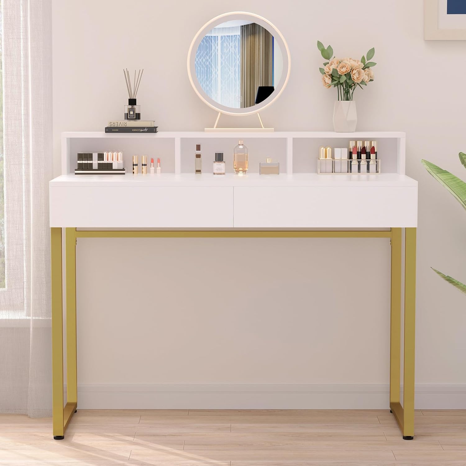 GreenForest Escritorio de tocador con 2 cajones, pequeño escritorio blanco de 39.4 pulgadas con 3 espacios de almacenamiento, moderno escritorio de