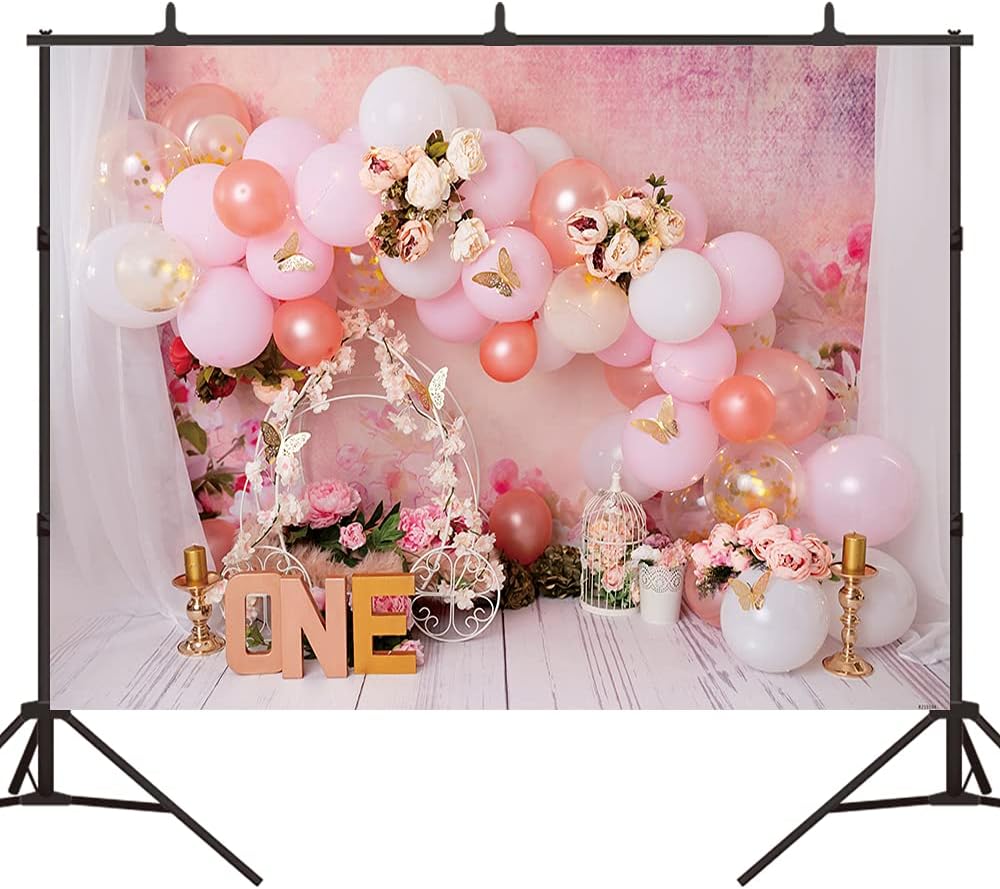 Bellicremas Mariposas Oro Rosa Primer Cumpleaños Fotografía Fondo Princesa Tema Flores Rosa Carruaje Niñas 1er Cumpleaños Fondo de Un Año Antiguo