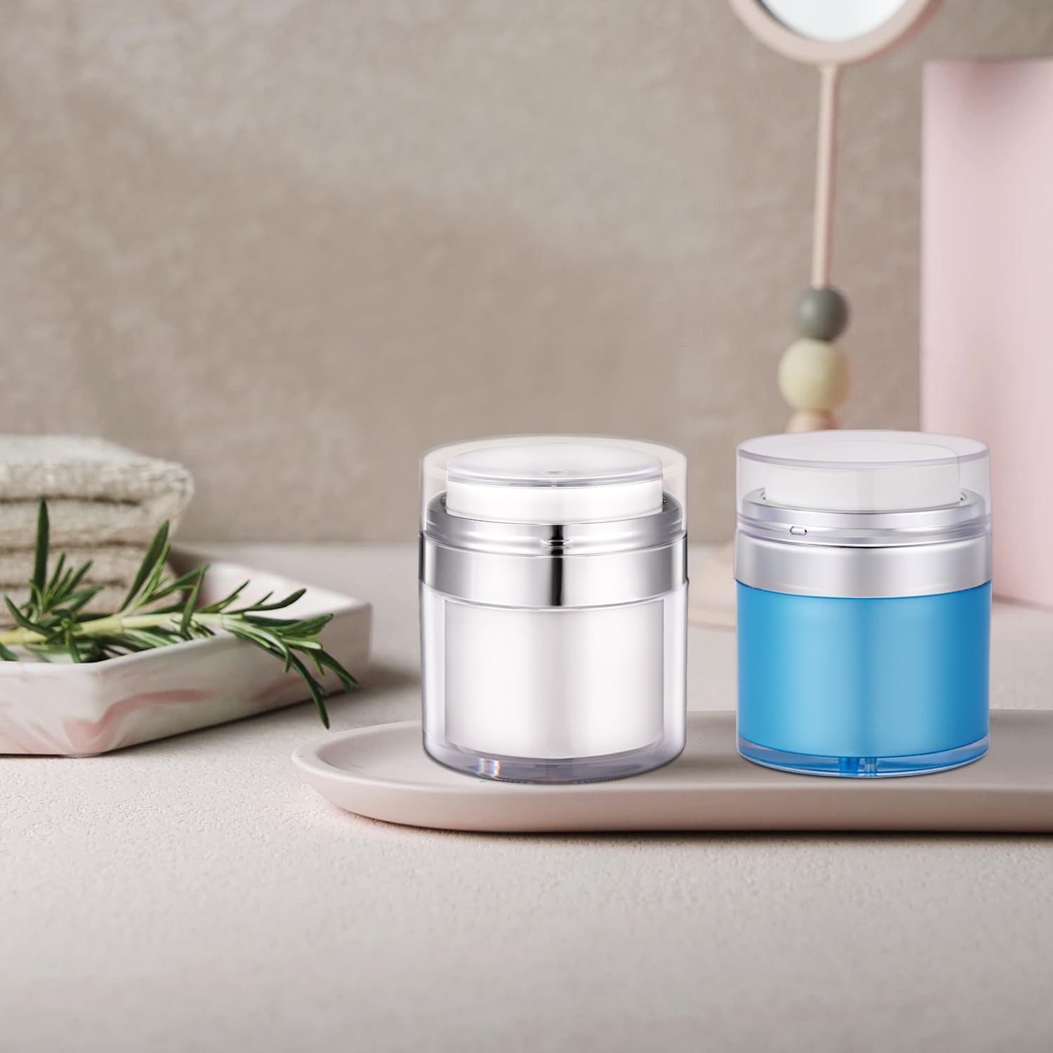 Paquete de 2 recipientes hidratantes de viaje, tarros de bomba sin aire de 1 oz, recipiente recargable para el cuidado de la piel facial, recipiente