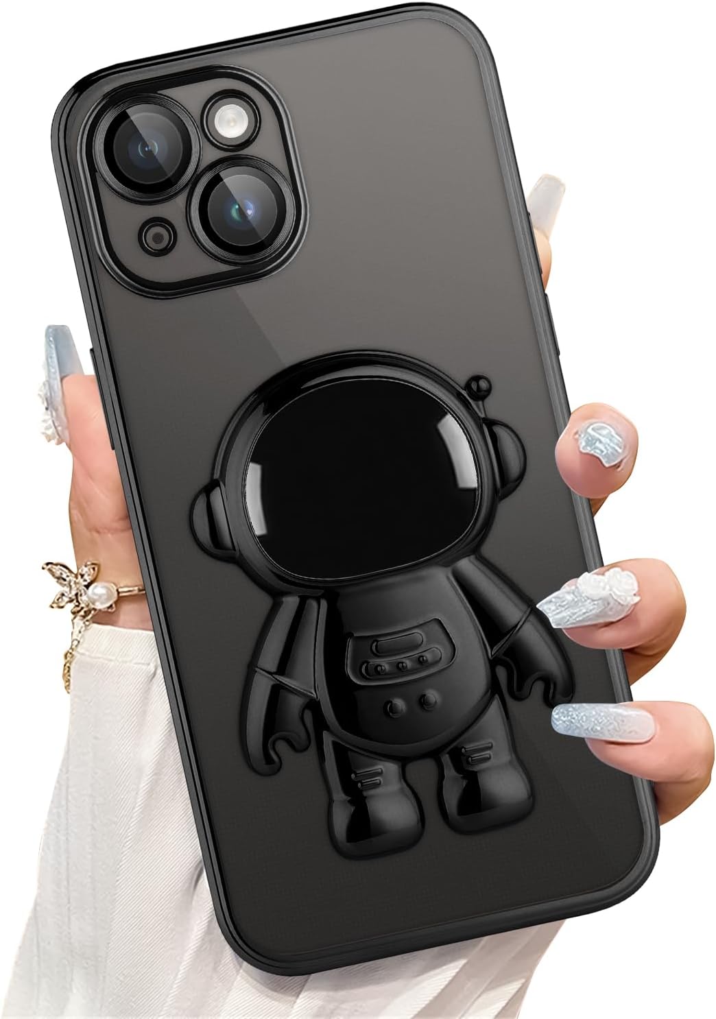 KANGHAR Funda transparente compatible con iPhone 15 con soporte oculto de astronauta chapado en 6D, protección de cámara completa, TPU suave, a