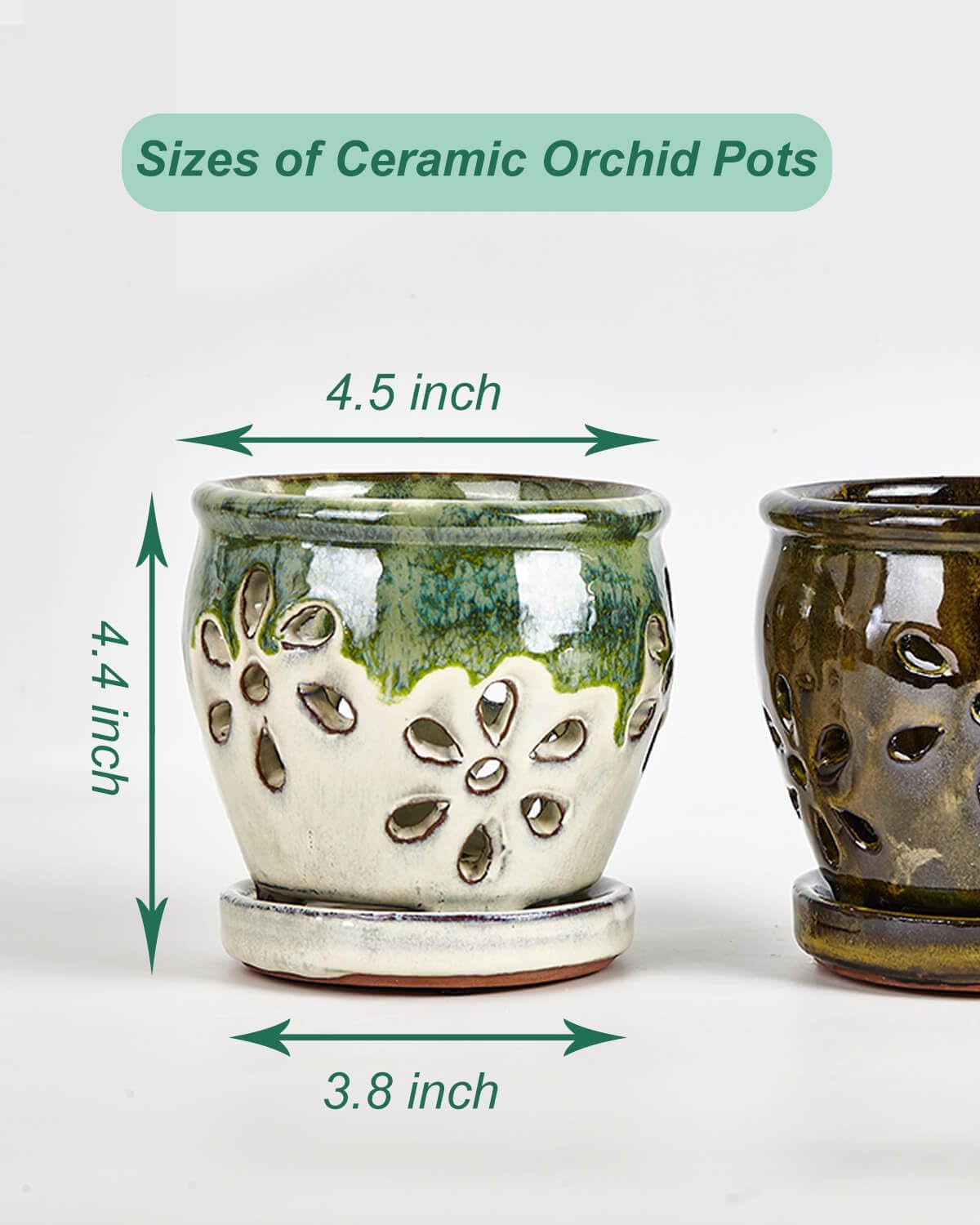 4 Inch Ceramic Orchid Pots with Holes and Saucers – 2 Pcs Small Ceramic Orchid Planter Pots for Repotting, Plant Garden Pots for Indoor and Outdoor