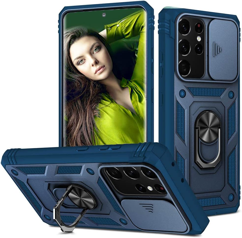 Funda para Samsung Galaxy S21 Ultra con cubierta deslizante para cámara y ranura para tarjeta y soporte de anillo, a prueba de golpes, grado