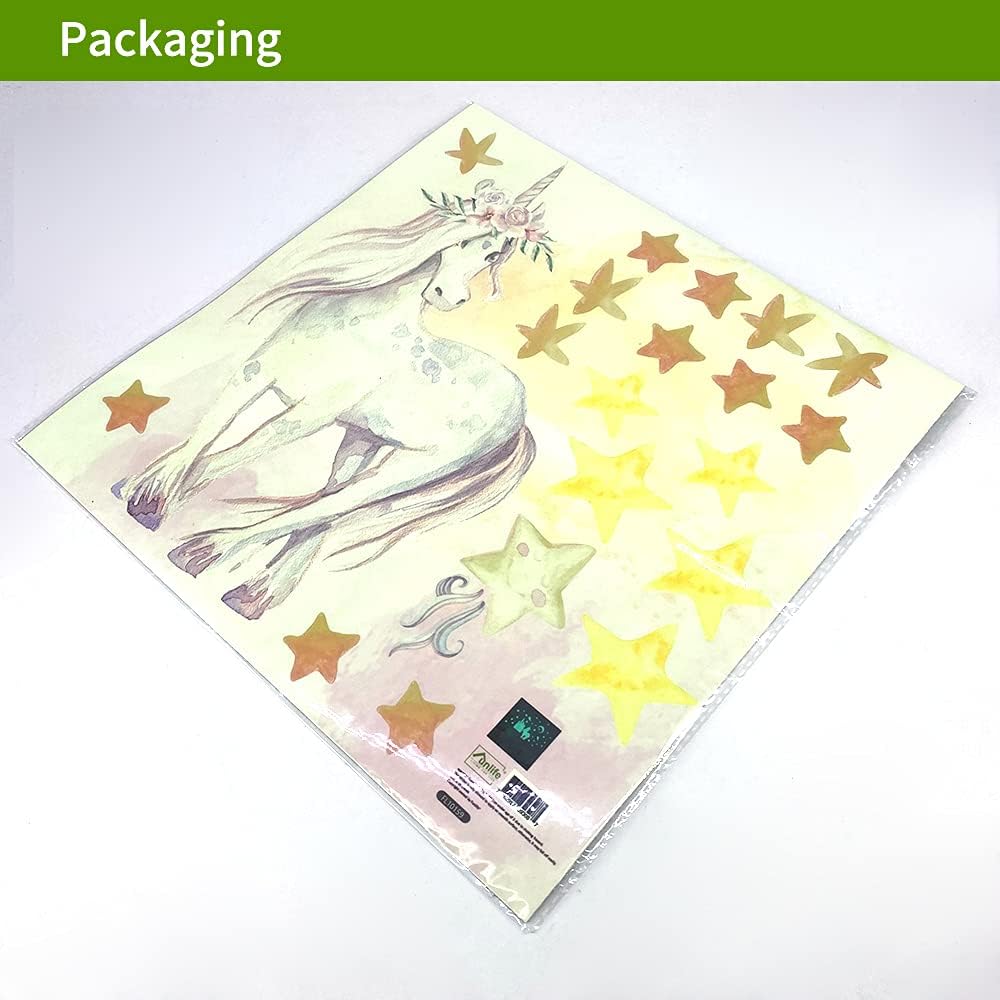 funlife 2 hojas de calcomanías de unicornio que brillan en la oscuridad, calcomanías de pared luminosas de unicornio brillante para despegar y