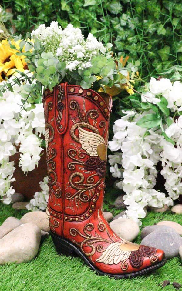 Ebros Gift Ramo de flores rústicas de imitación rojo con alas de ángel de cuero sintético con diseño de corazón y rosas de vaquera o vaquero,