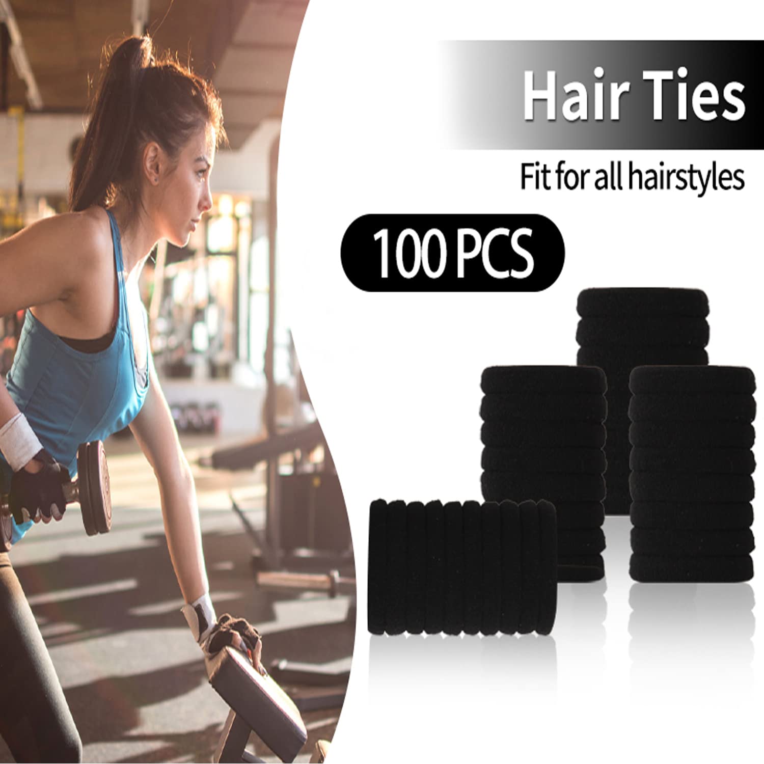 100 ligas negras para cabello grueso, sin daños, para coletas de caballo para cabello grueso para mujeres, ligas de pelo grueso sin costuras, ligas