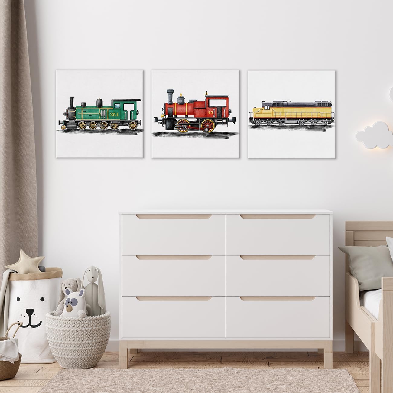 Juego de 3 lienzos artísticos de tren de vapor para cuarto de bebé, arte de pared, pinturas enmarcadas, impresiones de acuarela, locomotora de