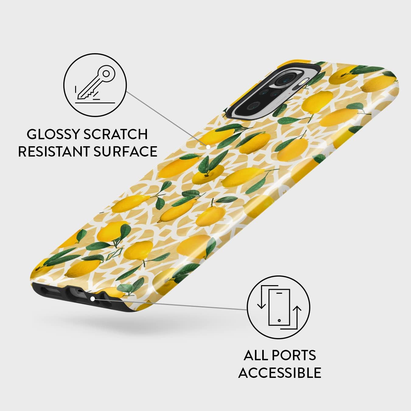 BURGA Phone Case Compatible with Xiaomi Redmi Note 10S – Hybrid 2-Layer Hard Shell + Silicone Protective Case -Lemon Pattern Vintage Fruits Citrus