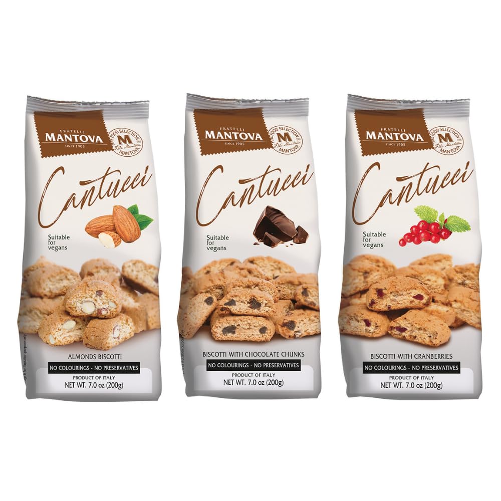 Mantova Cantucci – Juego variado, 7 onzas (paquete de 3), producto de Italia, tradicional biscotti crujiente dos veces horneado con almendras,