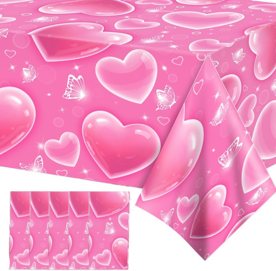 5 manteles de corazón rosa para principios de los años 2000, decoración de mesa de fiesta cholo, suministros de fiesta de cumpleaños en casa (51 x