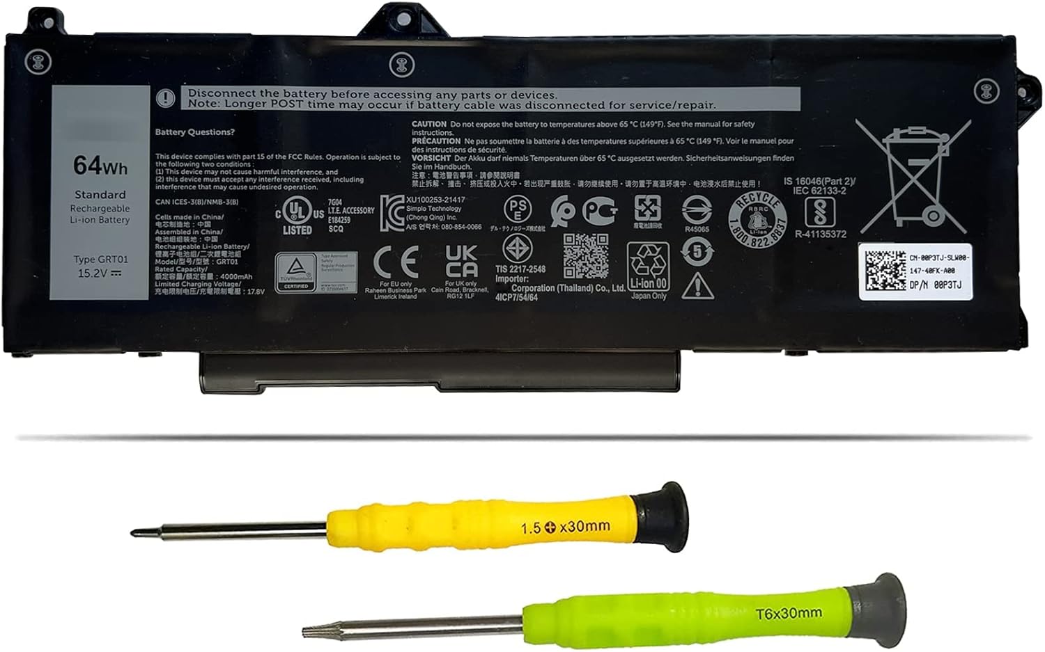 64Wh GRT01 – Batería de repuesto para laptop Dell Latitude 14 5421 5431 15 5521 5531 Precision 3470 3561 3571 Alienware m17 R5 AMD Series 0R05P0