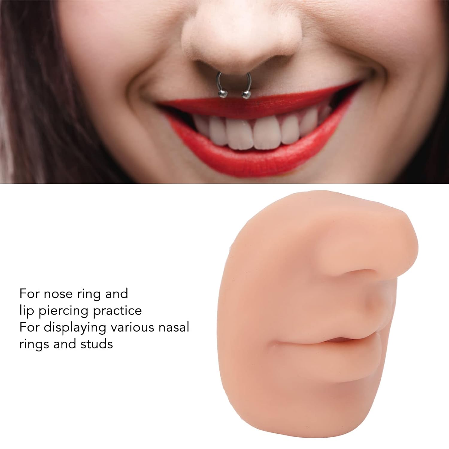 Modelo de nariz de silicona, modelo de piercing de labios de silicona suave, piel de práctica de tatuajes, nariz falsa realista, modelo de cara