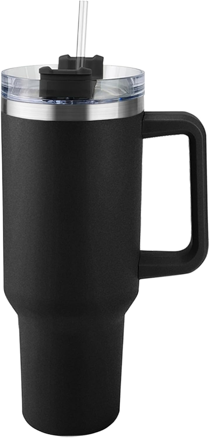 CusCosCes Vaso de 40 onzas con asa y pajilla, taza de viaje de café para regalo, apto para portavasos y aislamiento a largo plazo, color negro