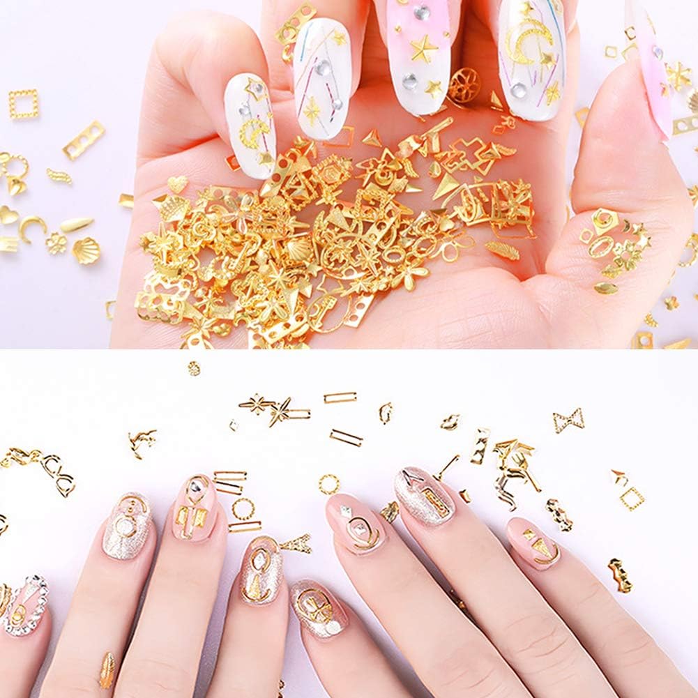 Beuniar Micro cuentas de uñas 3D, suministros de uñas doradas, decoraciones de metal, 6 cajas de estrella, luna, corazón, triángulo, remache