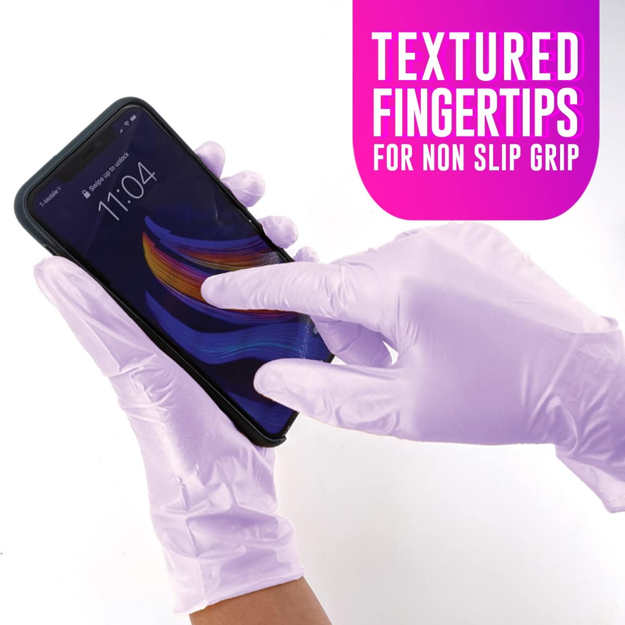 Colortrak Luminous Collection – Guantes desechables de nitrilo color lila, sin látex, puntas de dedos texturizadas