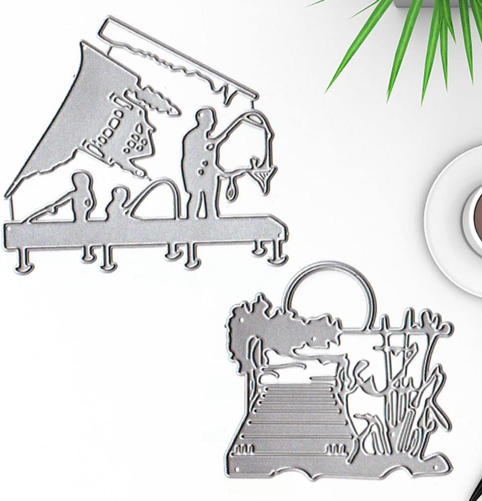 2 PCS Fishing Man Die Cuts for Card Making, Lake Bridge House Cutting Dies Sets Fishing Fish Dies Stencils Embossing Template for Scrapbooking DIY