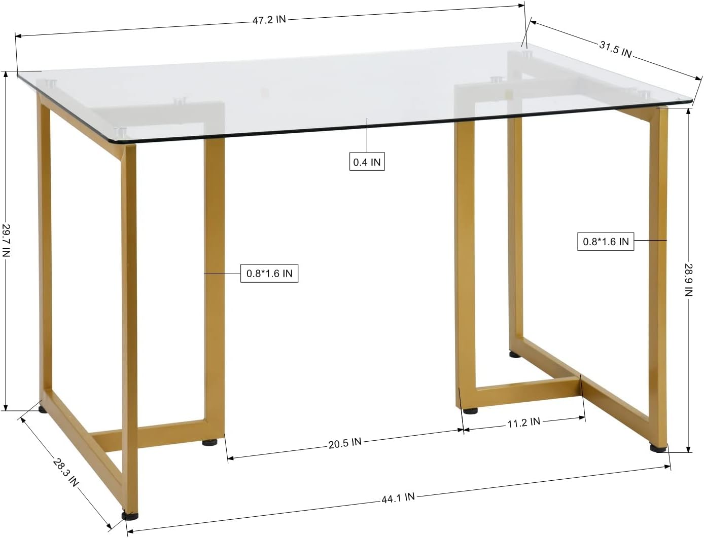 Mesa de comedor de cristal para 4 a 6 personas, mesa rectangular moderna de 47.2 pulgadas con parte superior de vidrio templado transparente y patas