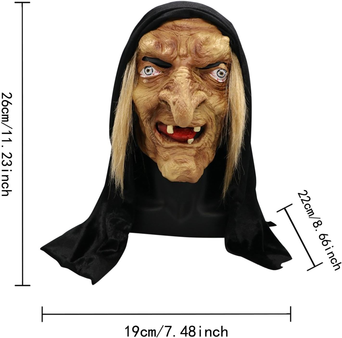 FAFAN Máscara de bruja de cabeza malvada de Halloween, máscara de PVC Hop Hip Halloween Dance Mask Mujer Arrugas Halloween Scary Headgear Máscara de