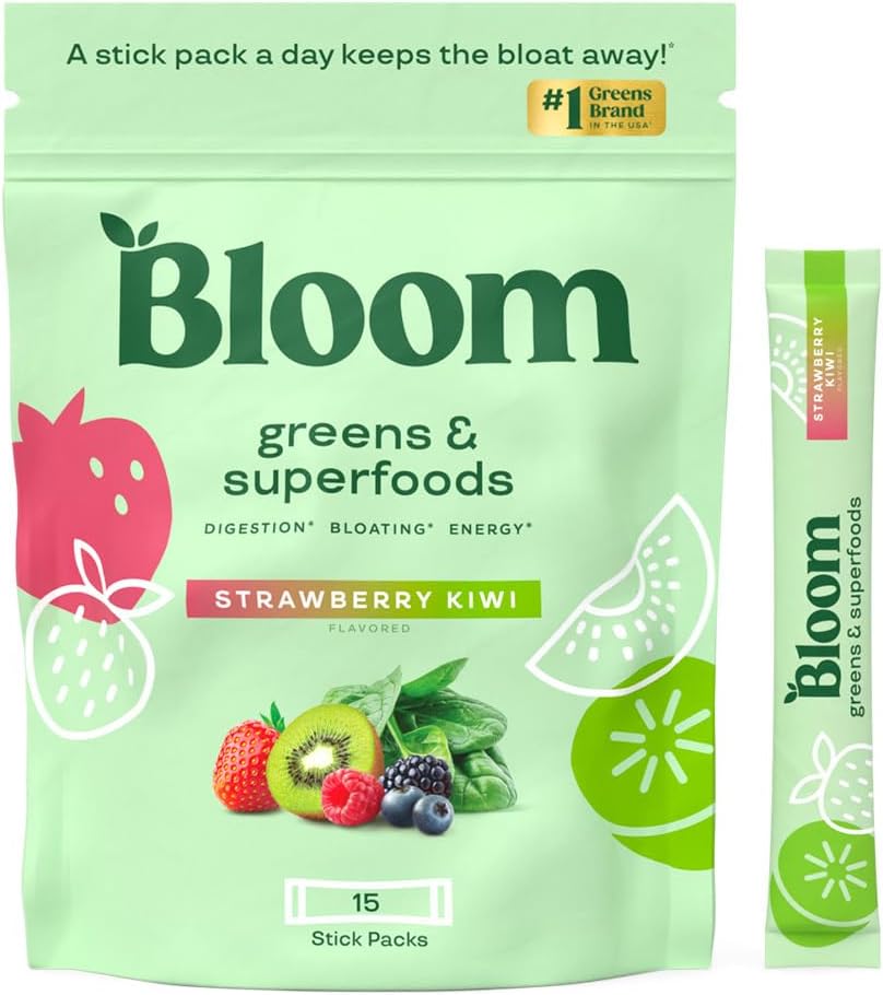 Bloom Nutrition Superfood Greens – Paquetes de barras en polvo, enzimas digestivas con probióticos y prebióticos, salud intestinal, alivio de la