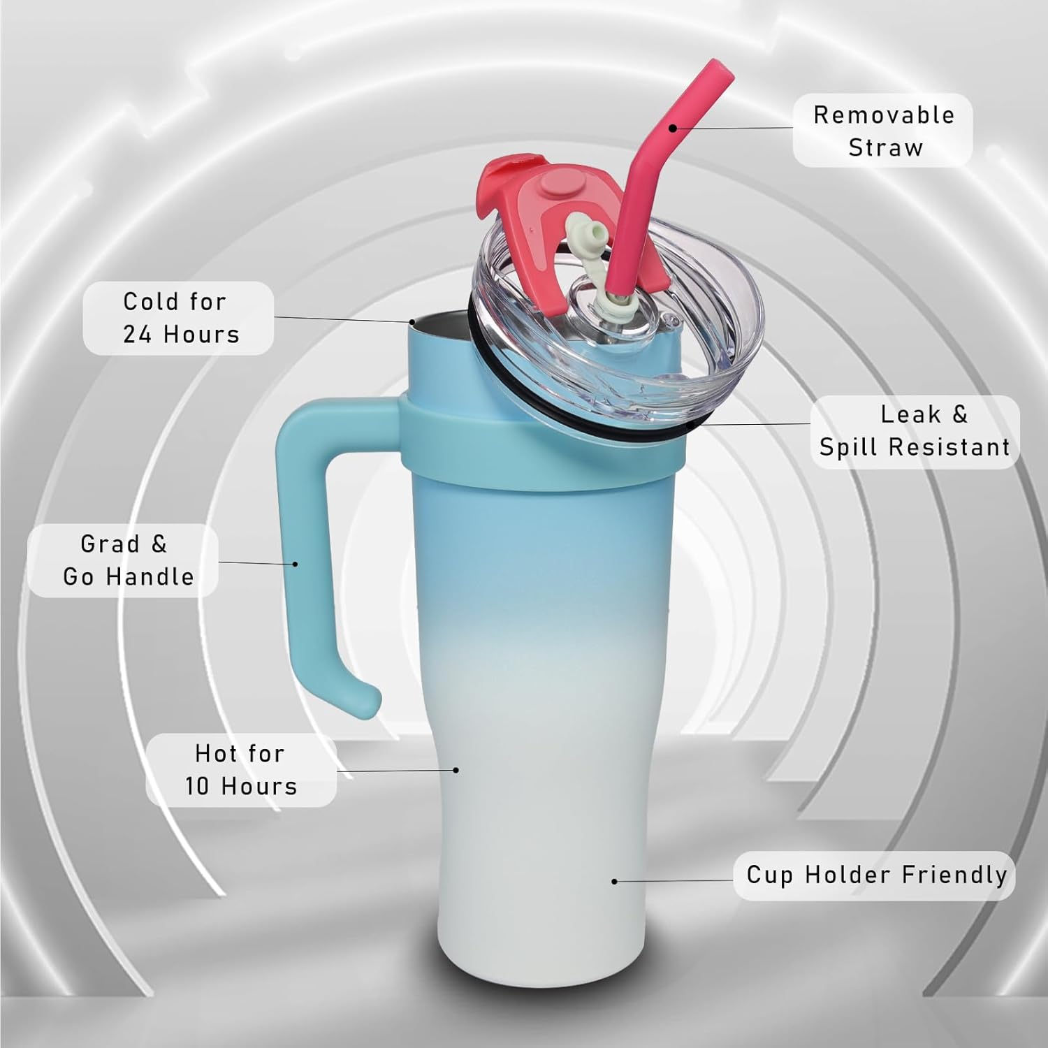 Vaso de 40 onzas con asa, a prueba de derrames, botella de agua, taza de café, taza térmica de viaje, para oficina, deporte, bebida helada, bebidas