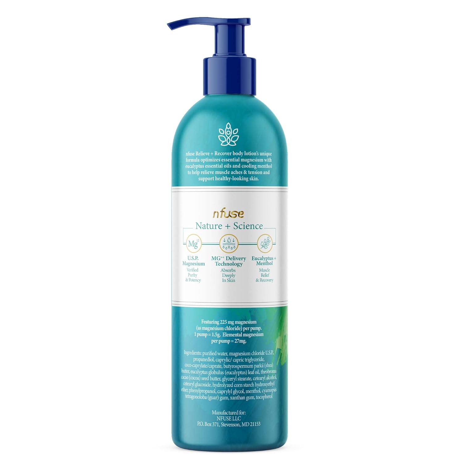 Loción corporal de magnesio natural – Tecnología de entrega Mg++ – Cloruro de magnesio puro U.S.P. – Sin fragancia – Sin perfume calma + reposición