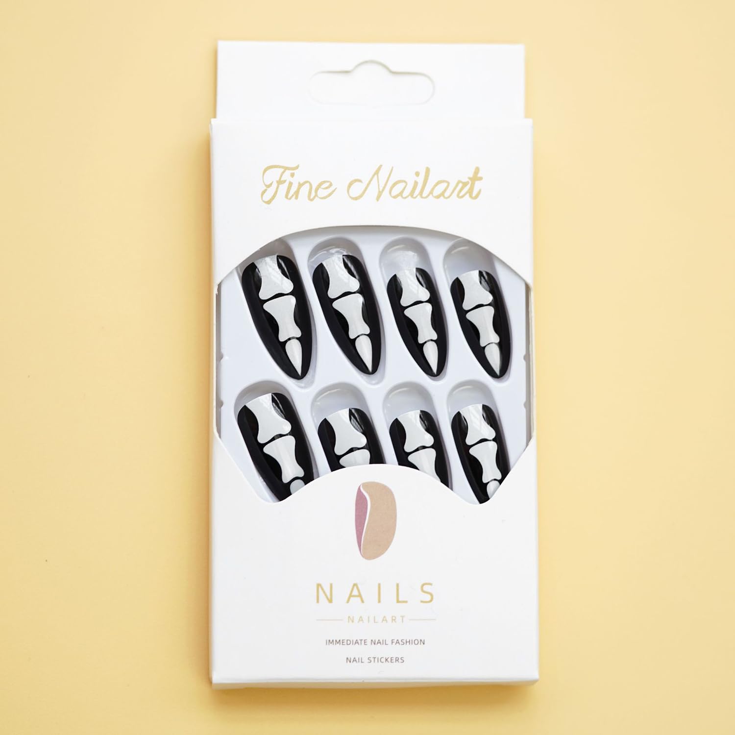 Uñas postizas negras a presión con diseños de Halloween, uñas postizas largas de almendra, uñas acrílicas góticas, uñas postizas de hueso gótico de