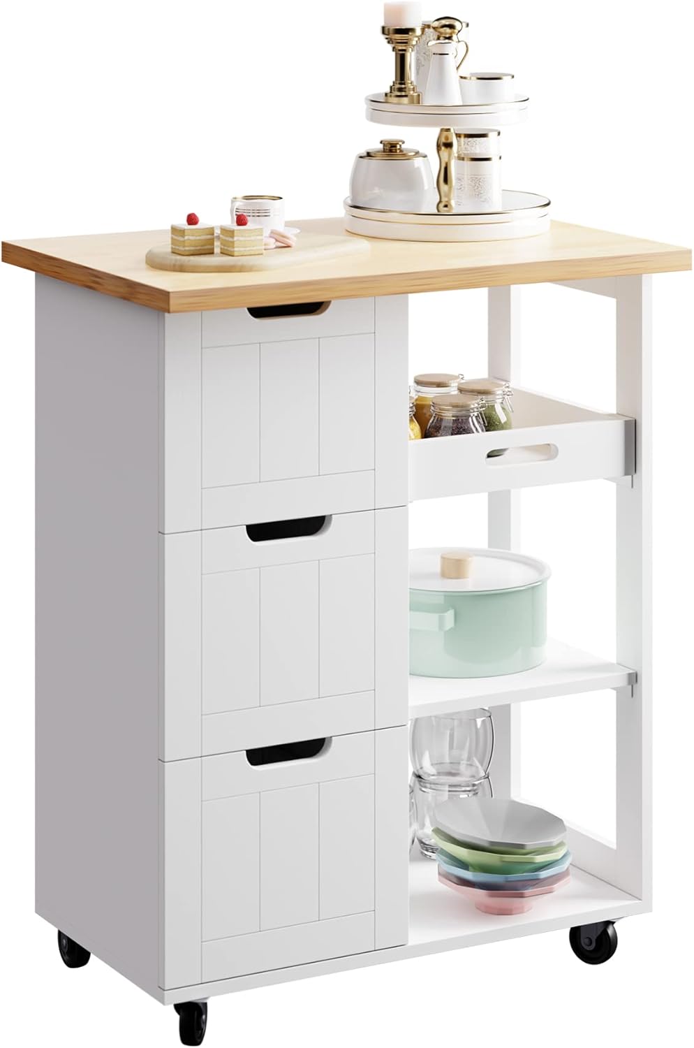 SUNLEI Carrito rodante para isla de cocina con armario de almacenamiento, carrito de utilidad con ruedas bloqueables con 3 cajones, estantes