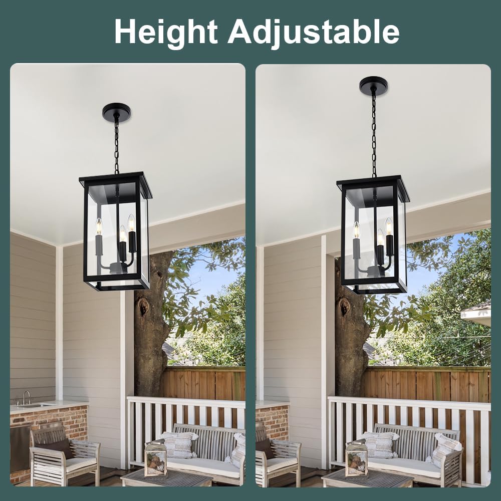 QueeuQ Lámpara colgante de 3 luces para interiores, lámpara negra para exteriores, lámpara colgante exterior con pantalla de vidrio transparente,