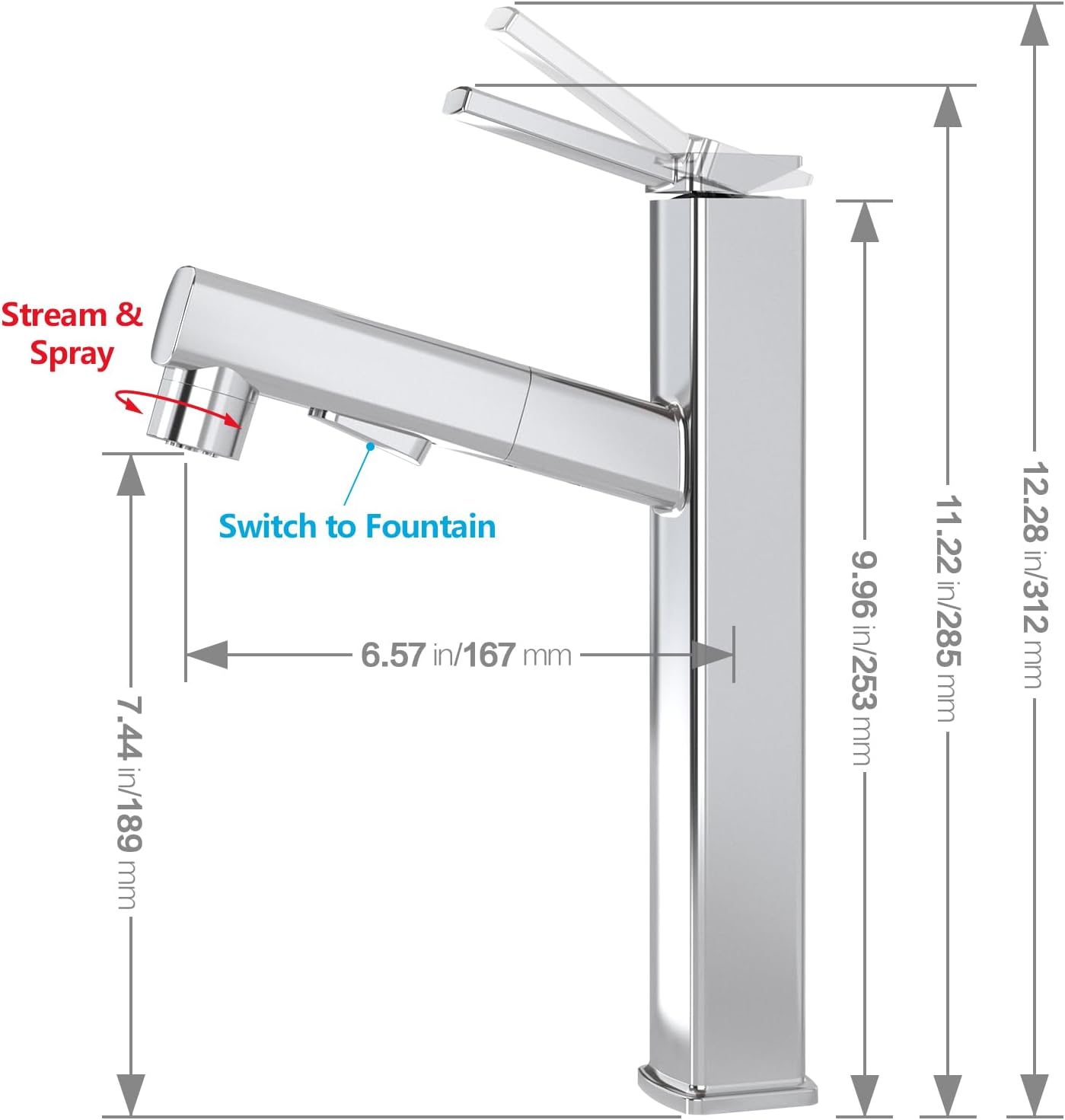 MIAOHUI Grifo de fregadero de recipiente con rociador extraíble, grifo alto de fregadero de baño de 3 modos de pulverización, grifos de baño altos