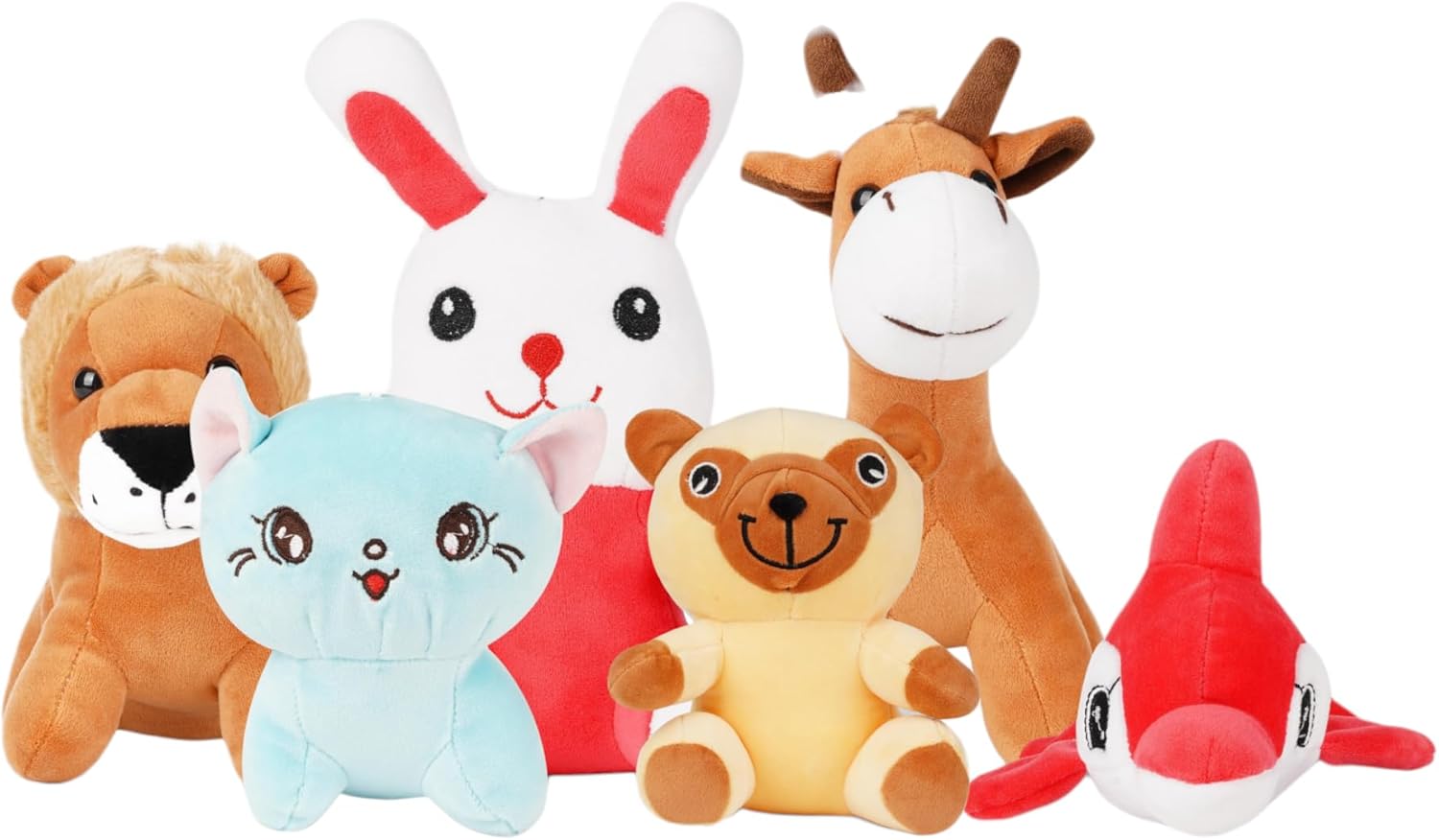 PLUSHIFY Paquete de 6 juguetes de peluche de gatos, peces, jirafa, conejo, perro, león, adorable colección de animales de peluche para niños y