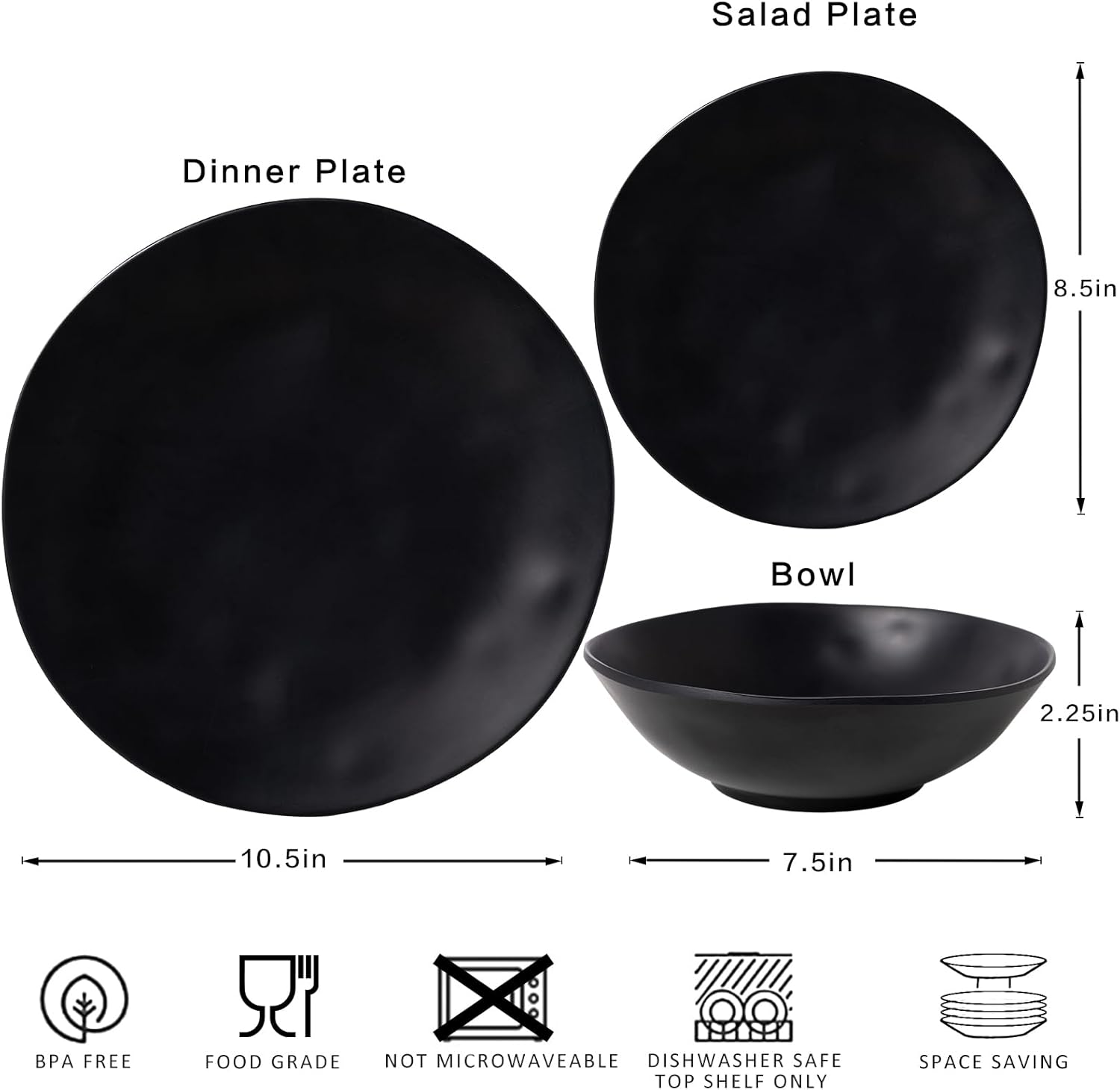Juego de platos y cuencos de melamina negra, juegos de vajilla de melamina de 12 piezas para uso en interiores y exteriores, juego de platos ligeros